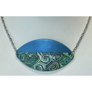 Handmade Large Bright Blue & Green Polymer Clay Pendant Necklace SS Cable Chain